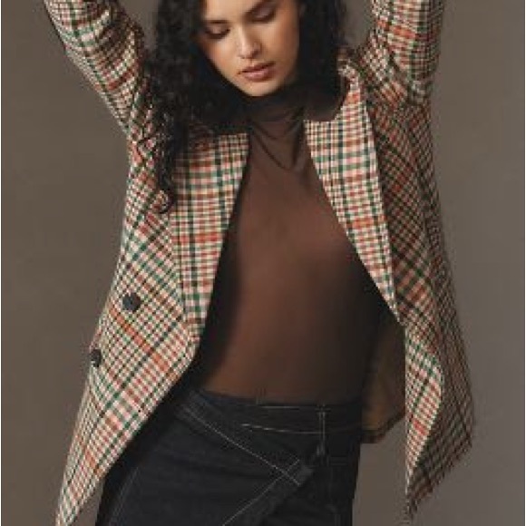 Anthropologie AVEC LES FILLES DOUBLE-BREASTED ELBOW-PATCH PLAID JACKET L NWOT - Picture 2 of 13
